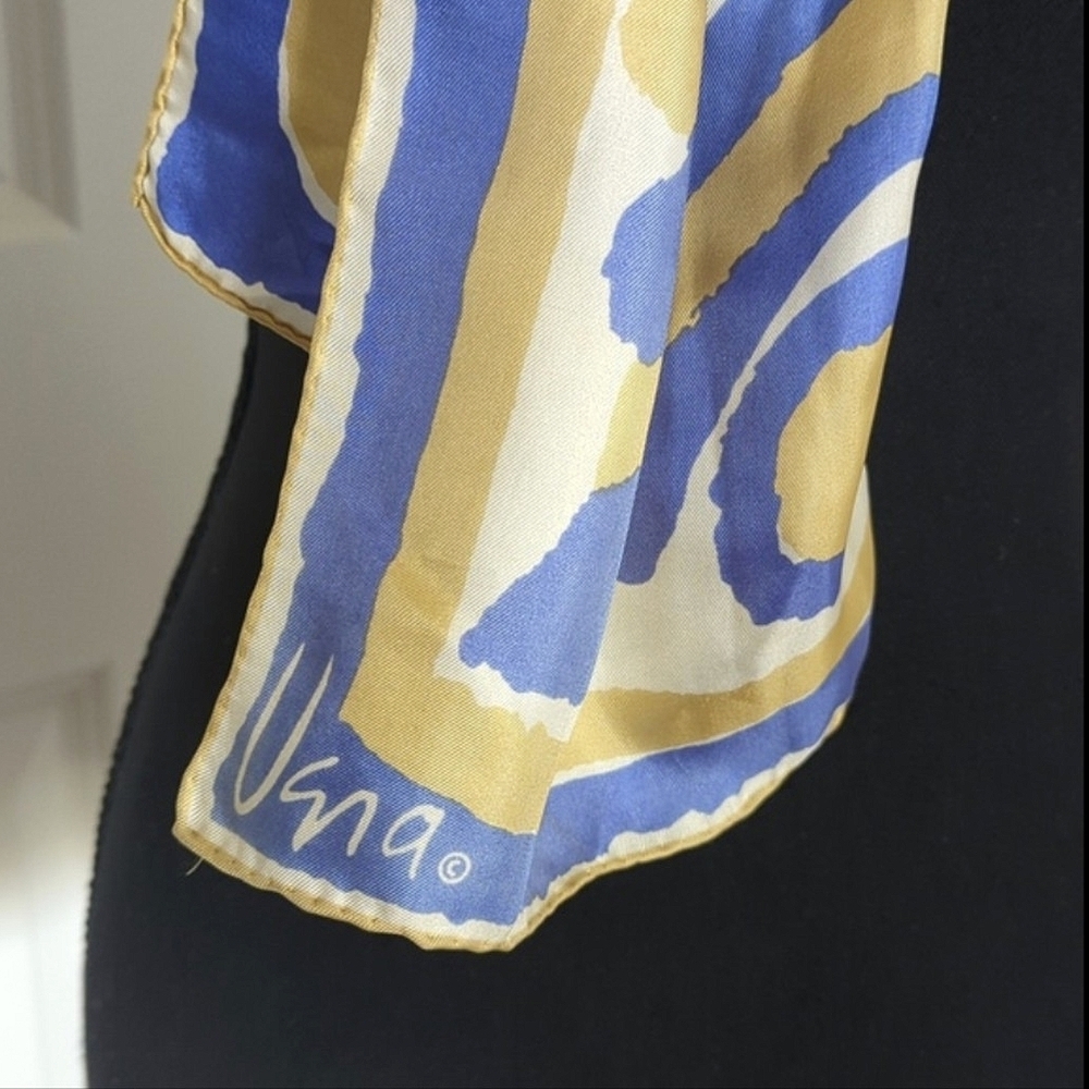 Vera Long Silk Scarf Abstract Design Blue Gold White Quiet Luxury Designer - Picture 3 of 13